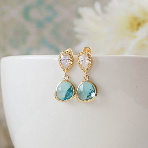 Aqua Blue Crystal Clear Cubic Zirconia Gold Post Earrings