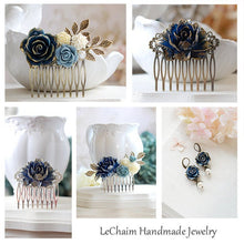 Load image into Gallery viewer, Gold Tipped Navy Blue Dark Blue Vintage Style Hair Comb Cherry Blossoms Rose Floral Collage Comb Brass Filigree Hair Comb Navy Wedding
