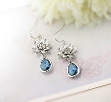 Load image into Gallery viewer, Silver Lotus Flowers Dark Sapphire Blue Crystal Drop Earrings
