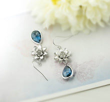 Load image into Gallery viewer, Silver Lotus Flowers Dark Sapphire Blue Crystal Drop Earrings
