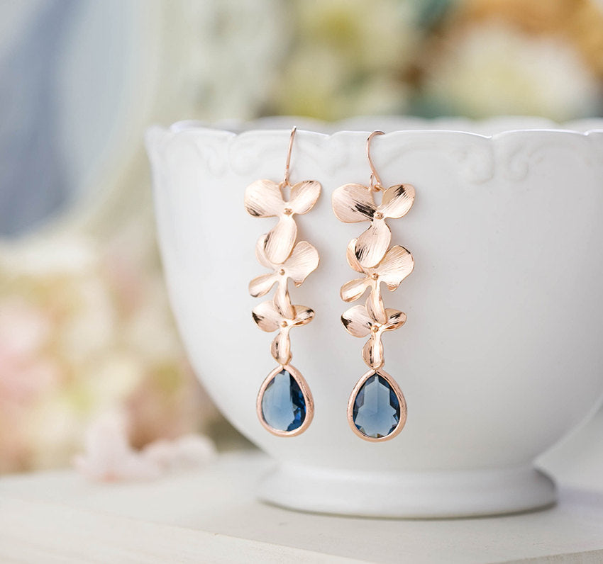 Rose Gold Earrings, Navy Blue Wedding Bridal Earrings, Bridesmaid Earrings, Orchid Flower Sapphire Blue Long Dangle Earrings, Gift for women