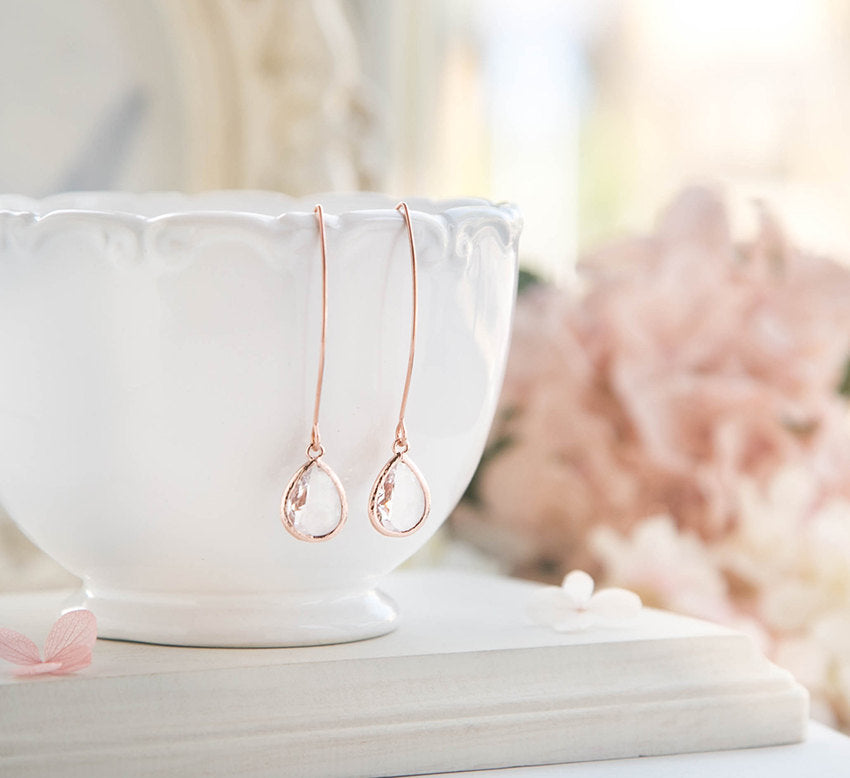 Rose Gold Bridesmaid Earrings, Clear Crystal Drop Earrings, Bridal Earrings, Bridesmaid Gift, April Birthstone, Birthday Gift for women