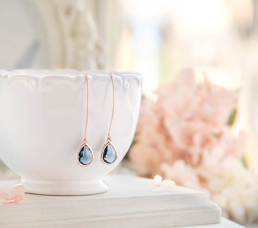 Rose Gold Sapphire Earrings, Navy Blue Wedding Jewelry, Bridesmaid Gift, September Birthstone Jewelry, Birthday Gift for mom wife daughter