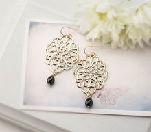 Load image into Gallery viewer, Jet Black Teardrop Pearl Large Gold Filigree Earrings, Lace Filigree Dangle Earrings, Boho, Bohemian, Statement Earrings
