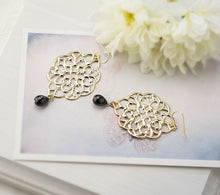 Load image into Gallery viewer, Jet Black Teardrop Pearl Large Gold Filigree Earrings, Lace Filigree Dangle Earrings, Boho, Bohemian, Statement Earrings
