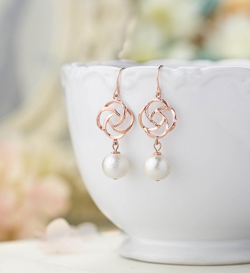 Rose Gold White Cotton Pearls Earrings, Bridal Earrings, Rose Gold Jewelry, Wedding Pearl Jewelry, Bridesmaid Gift, Light Weight