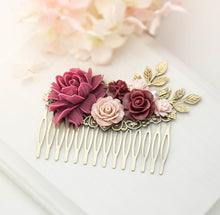 Load image into Gallery viewer, Marsala Burgundy Wedding Bridal Hair Comb Bridesmaid Gift Plum Pink Maroon Flowers Antiqued Gold Leaf Bridal Hairpiece Fall Wedding
