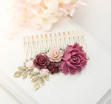 Load image into Gallery viewer, Marsala Burgundy Wedding Bridal Hair Comb Bridesmaid Gift Plum Pink Maroon Flowers Antiqued Gold Leaf Bridal Hairpiece Fall Wedding
