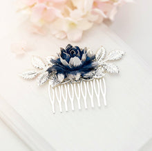 Load image into Gallery viewer, Bridal Hair Comb Navy Blue Something Blue Wedding Hair Accessory Silver Leaf Hair Comb Dark Navy Blue Rose Flower Hair Comb Bridal Hairpiece
