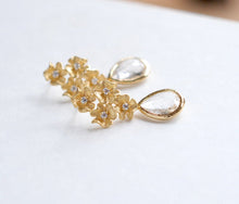 Load image into Gallery viewer, Clear Crystal Gold Flowers .925 Sterling Silver Post Earrings
