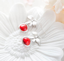 Load image into Gallery viewer, Red Wedding Earrings, Ruby Dangle Earrings, Siam Red Earrings, July birthstone Jewelry, Silver Earrings with Orchid Flower, Gift for Her
