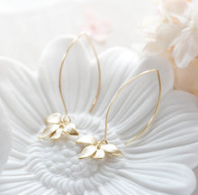 Load image into Gallery viewer, Gold Dangle Earrings. Matte Gold Orchid Flower Long Dangle Earrings. Gold Wedding Bridal Earrings, Bridesmaid Earrings, Gift for Her
