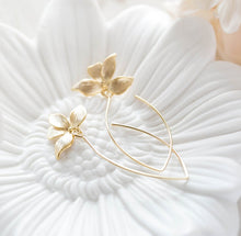 Load image into Gallery viewer, Gold Dangle Earrings. Matte Gold Orchid Flower Long Dangle Earrings. Gold Wedding Bridal Earrings, Bridesmaid Earrings, Gift for Her
