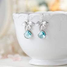 Load image into Gallery viewer, aqua blue crystal dangle earrings, silver orchid flower earrings
