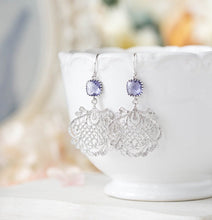 Load image into Gallery viewer, Silver ornate filigree purple crystal earrings
