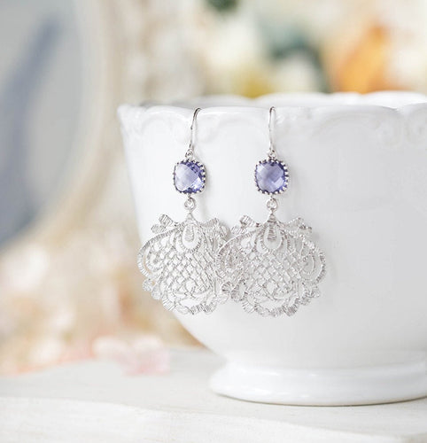 Silver ornate filigree purple crystal earrings