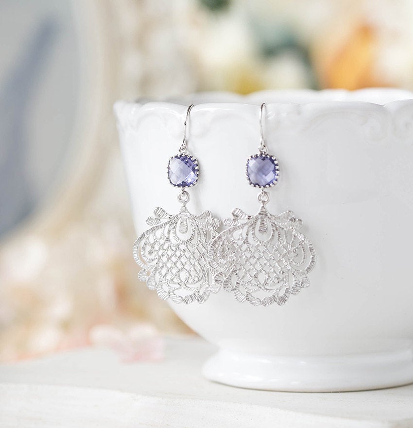 Silver ornate filigree purple crystal earrings