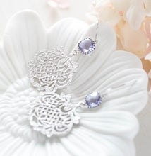 Load image into Gallery viewer, Silver Ornate Filigree Purple Crystal Earrings
