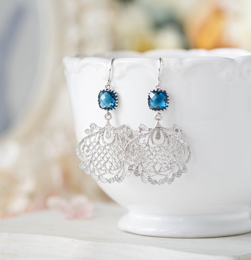 Navy Blue Earrings, Montana Blue Sapphire Silver Filigree Chandelier Earrings, Navy Wedding, Boho Chic Bohemian, September Birthday Gift