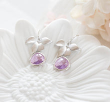 Load image into Gallery viewer, Lavender Earrings Purple Silver Orchid Flower Dangle Earrings Bridesmaid Earrings Lavender Wedding Bridal Earrings Bridal Party Gift for Her
