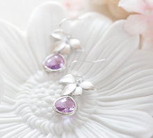 Load image into Gallery viewer, Lavender Earrings Purple Silver Orchid Flower Dangle Earrings Bridesmaid Earrings Lavender Wedding Bridal Earrings Bridal Party Gift for Her
