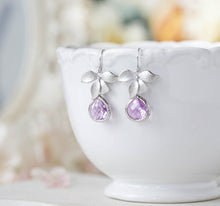 Load image into Gallery viewer, Lavender Earrings Purple Silver Orchid Flower Dangle Earrings Bridesmaid Earrings Lavender Wedding Bridal Earrings Bridal Party Gift for Her
