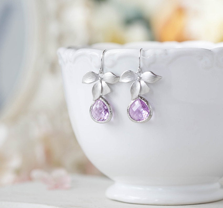 Lavender Earrings Purple Silver Orchid Flower Dangle Earrings Bridesmaid Earrings Lavender Wedding Bridal Earrings Bridal Party Gift for Her