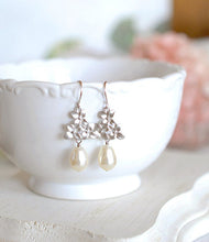 Load image into Gallery viewer, Silver Lilac Flower Earrings Cream White Teardrop Pearl Earrings Bridal Earrings Wedding Earrings Bridesmaid Earrings Wedding Jewelry Gift
