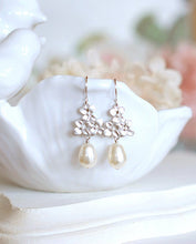 Load image into Gallery viewer, Silver Lilac Flowers Cream White Pearls Earrings.Bridal Earrings. Bridesmaid Earrings
