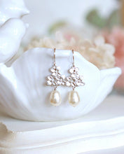 Load image into Gallery viewer, Silver Lilac Flower Earrings Cream White Teardrop Pearl Earrings Bridal Earrings Wedding Earrings Bridesmaid Earrings Wedding Jewelry Gift
