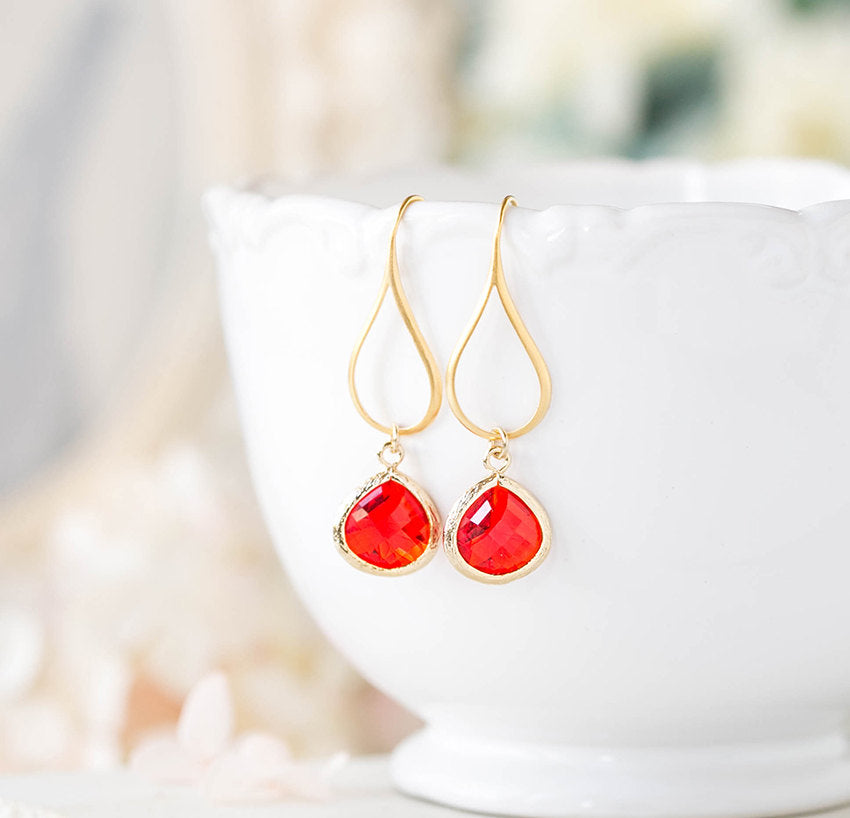 Red Dangle Earrings, Gold Drop Siam Red Teardrop Glass Dangle Earrings, Red Wedding Jewelry, Gift for Her, Valentine's Day Gift