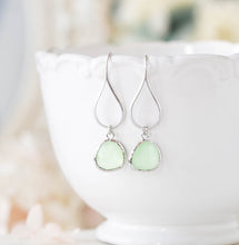 Load image into Gallery viewer, Mint Earrings, Silver Mint Green Teardrop Glass Dangle Earrings, Mint Wedding Jewelry, Modern Earrings, Valentines day gift for Her
