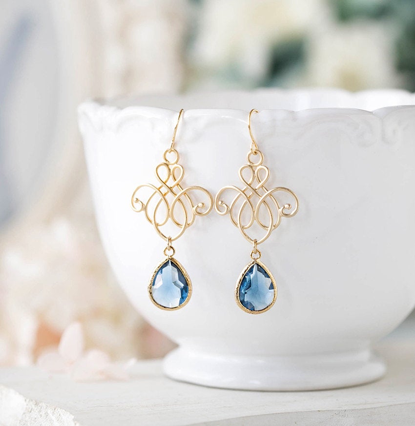 Navy Blue Earrings, Gold Navy Something Blue Wedding Earrings, Bridesmaid Earrings, Sapphire Montana Blue Drop Earrings, Chandelier Earrings