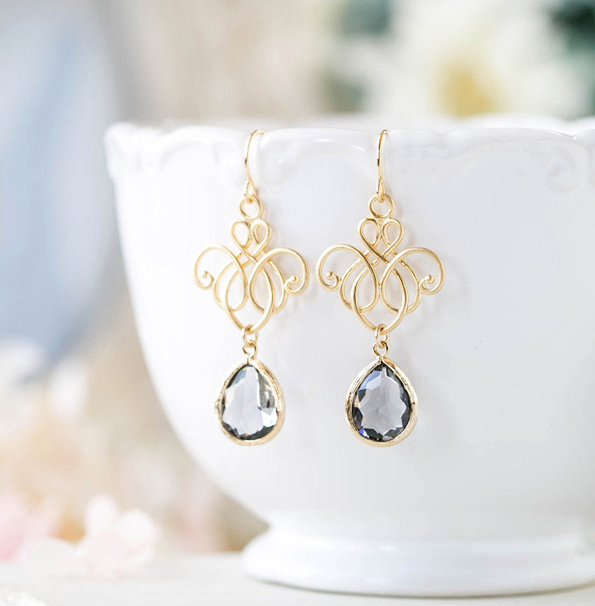 Gray Earrings Gold Grey Dangle Earrings Wedding Jewelry Bridesmaid Gift Charcoal Black Diamond Chandelier Earrings, Bridesmaid Earrings