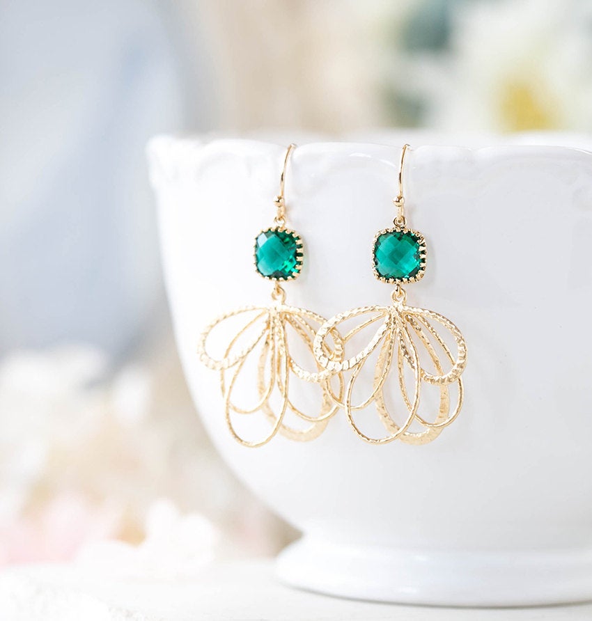 Emerald Green Earrings Gold Dangle Earrings Emerald Wedding Earrings Bridesmaid Earrings Bridal Jewelry May Birthstone Jewelry Gift for Her