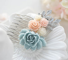 画像をギャラリービューアに読み込む, Powder Blue Dusty Blue Blush Pink Ivory Wedding Hair Comb, Silver Bridal Hair Comb, Floral Leaf Branch Country Wedding Barn Wedding Comb
