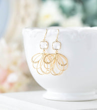 Load image into Gallery viewer, Clear Crystal Gold Filigree Dangle Earrings. bridesmaid Earrings
