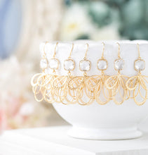 Load image into Gallery viewer, Clear Crystal Gold Filigree Earrings. Bridesmaid Earrings. April Birthstone
