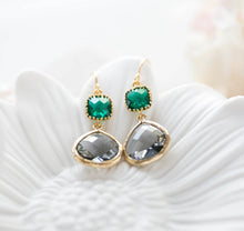 Load image into Gallery viewer, Emerald Green Gray Earrings Gold Charcoal Grey Dark Green Dangle Earrings Emerald Wedding Earrings Bridesmaid Earrings Gift for Mom Wife
