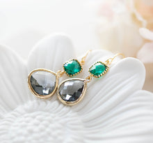 Load image into Gallery viewer, Emerald Green Gray Earrings Gold Charcoal Grey Dark Green Dangle Earrings Emerald Wedding Earrings Bridesmaid Earrings Gift for Mom Wife
