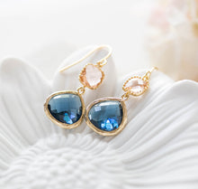 Load image into Gallery viewer, Sapphire Blue Peach Champagne Earrings Navy Blue Rose Peach Glass Dangle Earrings Wedding Bridesmaid Earrings Gift for Wife Gift For mom
