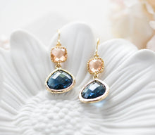 Load image into Gallery viewer, Sapphire Blue Peach Champagne Earrings Navy Blue Rose Peach Glass Dangle Earrings Wedding Bridesmaid Earrings Gift for Wife Gift For mom
