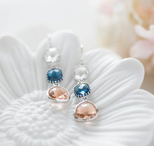 Load image into Gallery viewer, Sapphire Blue Peach Champagne Clear Crystal Silver Earrings Navy Peach Wedding Jewelry Bridesmaid Long Dangle Glass Earrings Gift for Her
