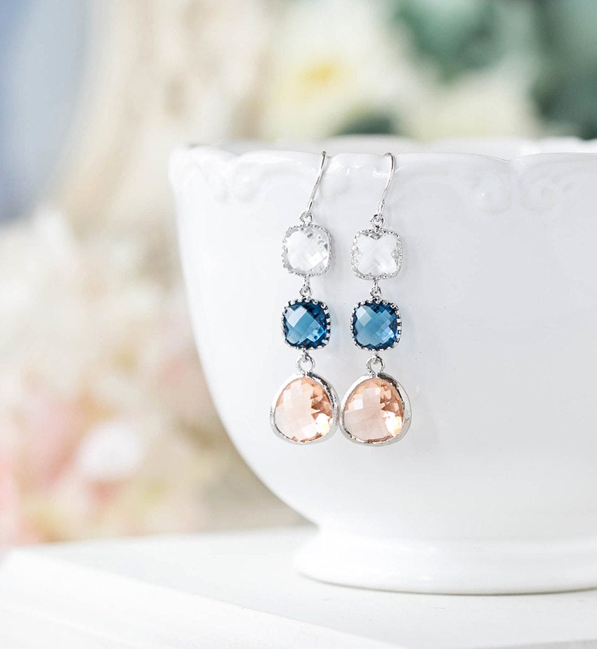 Sapphire Blue Peach Champagne Clear Crystal Silver Earrings Navy Peach Wedding Jewelry Bridesmaid Long Dangle Glass Earrings Gift for Her