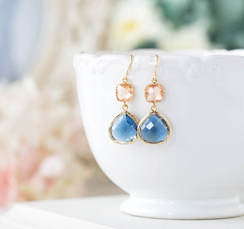 Sapphire Blue Peach Champagne Earrings Navy Blue Rose Peach Glass Dangle Earrings Wedding Bridesmaid Earrings Gift for Wife Gift For mom