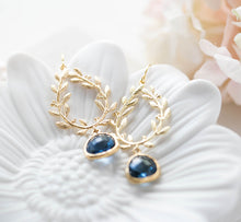 Load image into Gallery viewer, Sapphire Earrings, Gold Laurel Wreath Earrings, Navy Blue Wedding Earrings, Bridesmaid Earrings, September Birthstone Jewelry, Gift for Her
