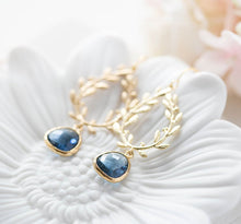 Load image into Gallery viewer, Sapphire Earrings, Gold Laurel Wreath Earrings, Navy Blue Wedding Earrings, Bridesmaid Earrings, September Birthstone Jewelry, Gift for Her
