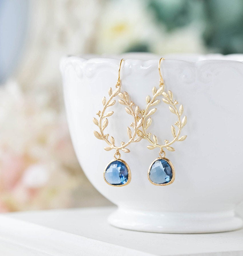 Sapphire Earrings, Gold Laurel Wreath Earrings, Navy Blue Wedding Earrings, Bridesmaid Earrings, September Birthstone Jewelry, Gift for Her