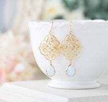 Load image into Gallery viewer, Powder Blue Gold Filigree Earrings, Baby Blue light Blue Glass Dangle Earrings, Something Blue Wedding Jewelry, Bohemian Boho Chic Earrings
