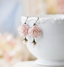 Load image into Gallery viewer, Pale Dusty Pink Earrings Blush Pink Rose Flower Cream White Pearl Dangle Earrings Pink Wedding Bridesmaid Gift Romantic Vintage Lever back
